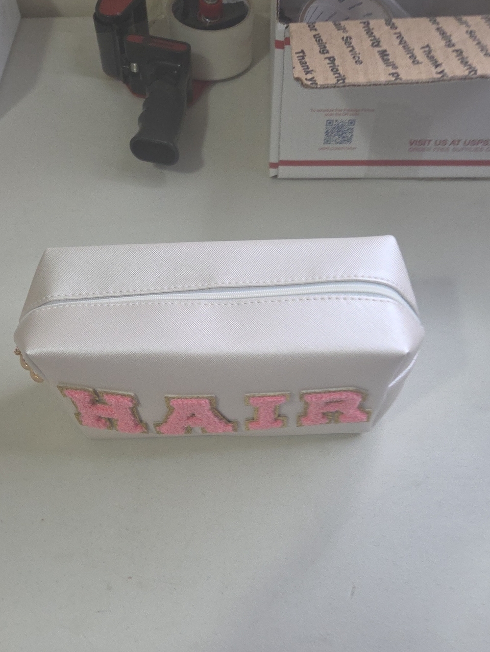 Women's White Cosmetic Bag with Pink 'HAIR' Applique